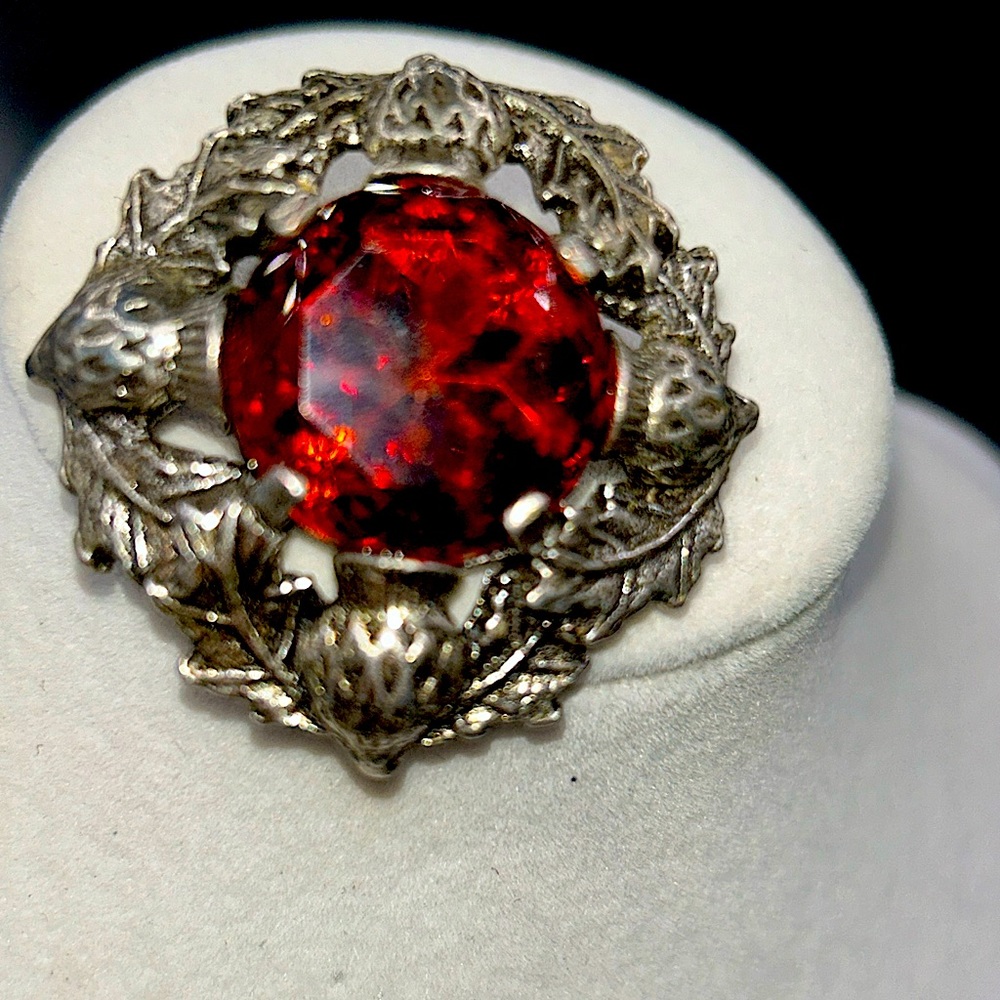 Vintage Scottish Thistle Brooch Signed Miracle Silver Tone Topaz Glass Celtic